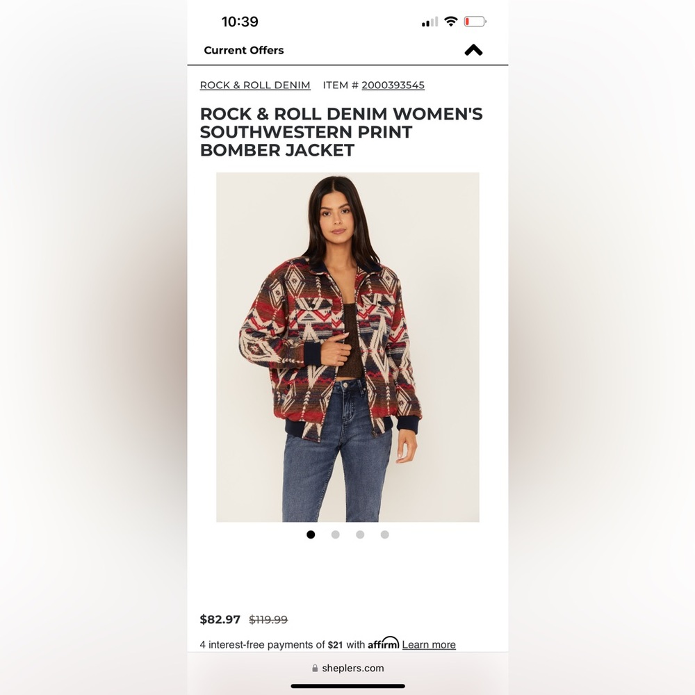Rock & Roll Denim Women’s Southwestern Print Bomber Jacket. Size M